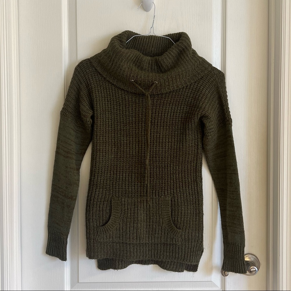 Olive Green Turtleneck Sweater with Front Pocket